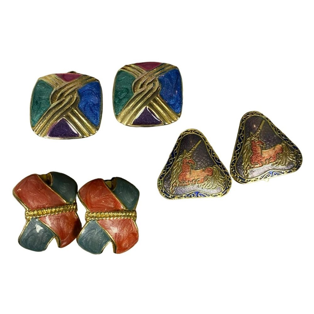 3 pair Vintage Metallic Enamel and Gold tone Black 1980’s Clip on Earrings, Unic